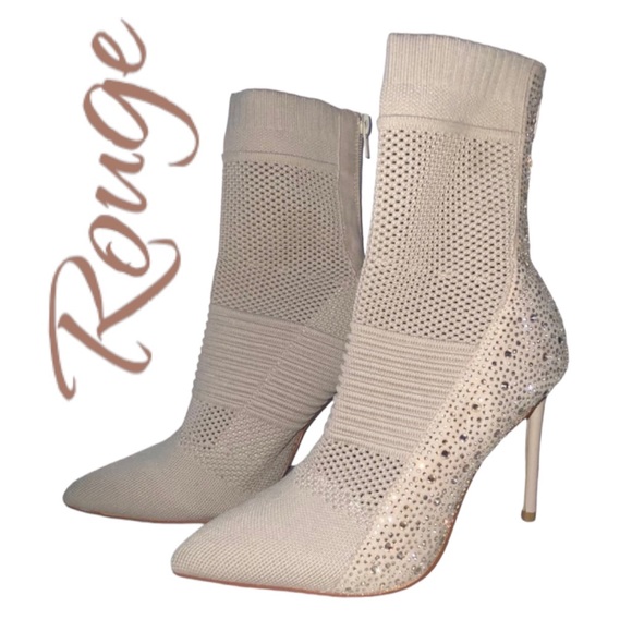 Boutique Shoes - Rouge Stiletto Rhinestone Fabric Boots - Women’s 7